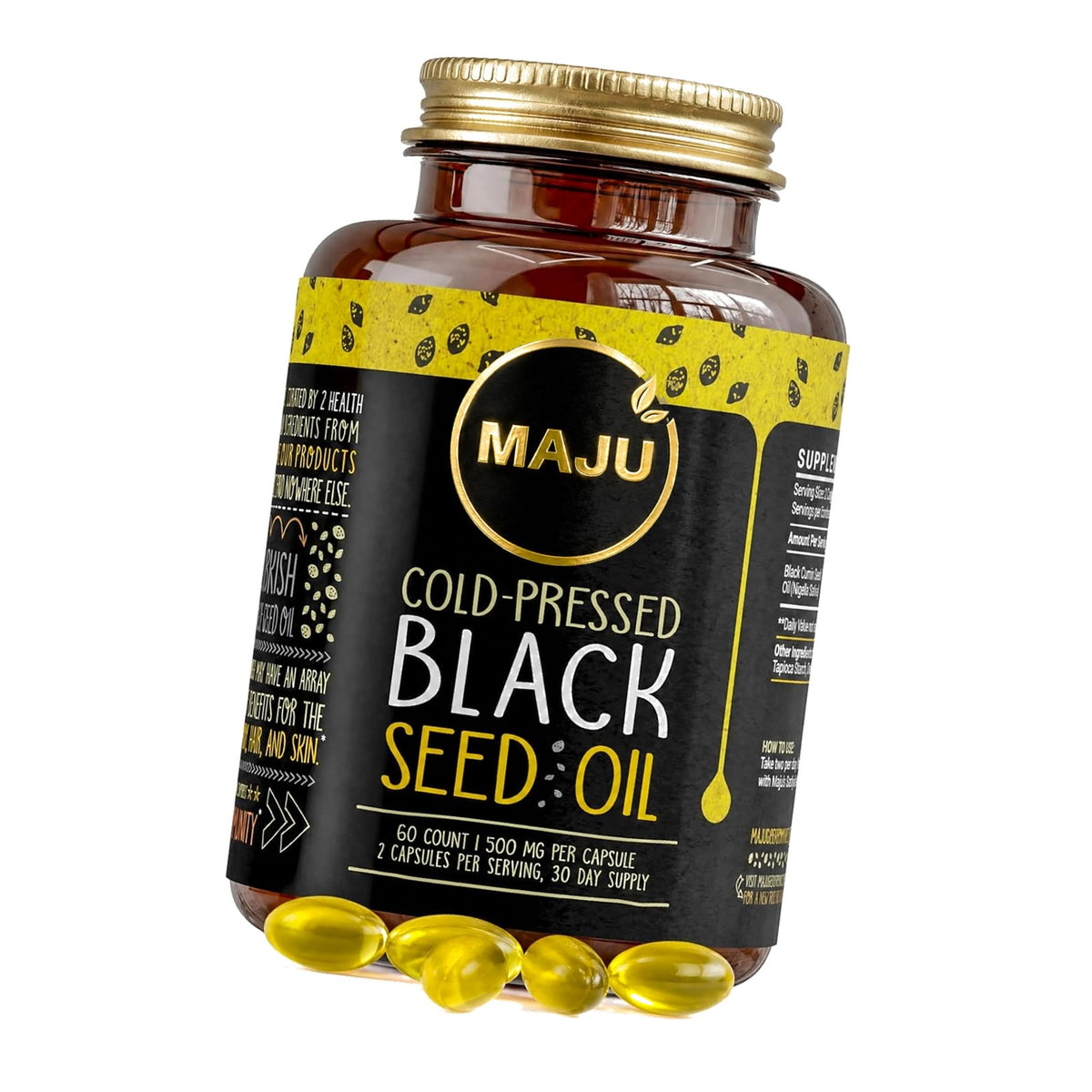 Maju Superfoods Black Seed Oil Capsules - Cold Pressed, 3X Thymoquinone, 100% Turkish Black Cumin Nigella Sativa Seed Oil, Liquid Pure Blackseed 60 Count, 500mg per Capsule
