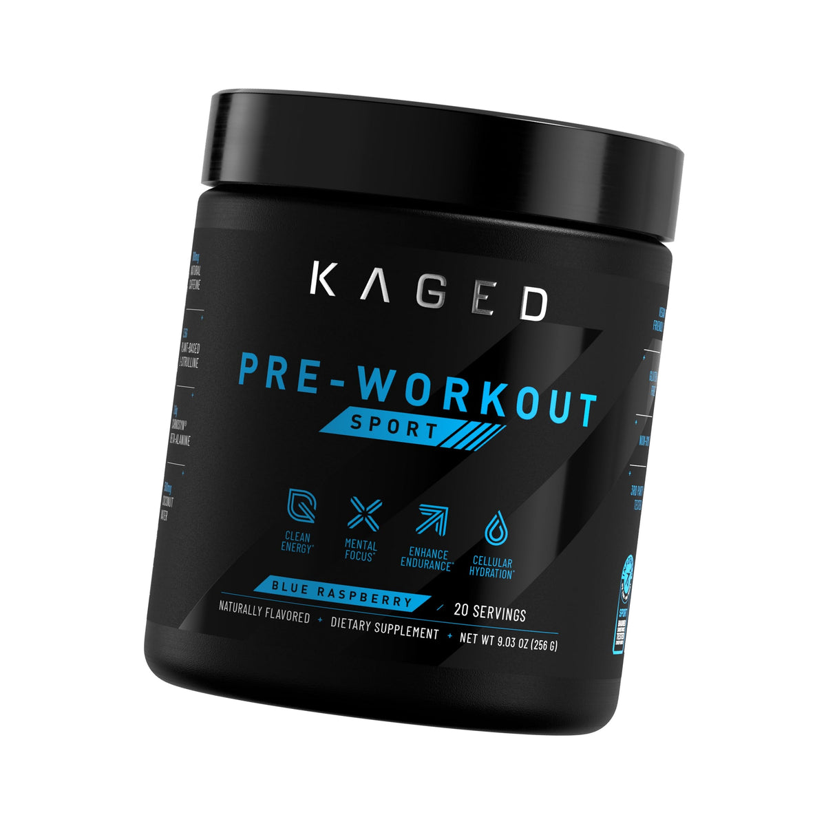 Kaged Sport Pre Workout Powder for Men & Women, Blue Razz, Sport Certified, 188mg Caffeine, Nitric Oxide Supplement, Beta Alanine for Energy, Weightlifting, Cardio Endurance & Strength, 20 Servings