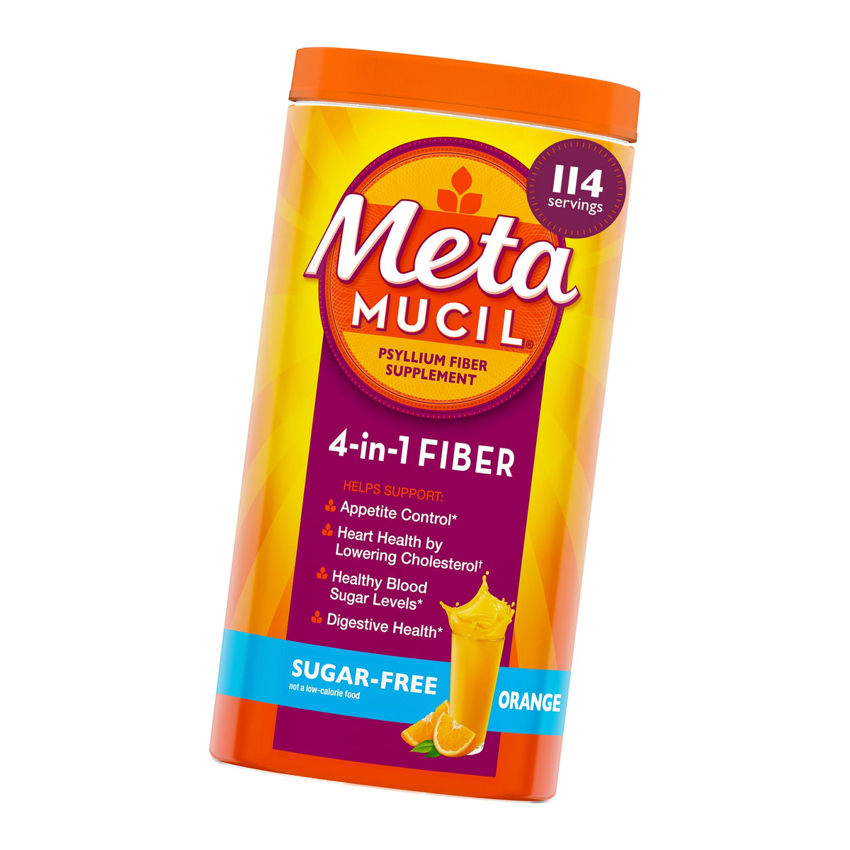 Metamucil 4-in-1 Psyllium Husk GLP-1 Friendly Fiber Supplement, Sugar-Free, 114 teaspoons, Orange Flavored, Daily Fiber Powder for Digestive Health, made with Plant-Based Psyllium Husk Fiber