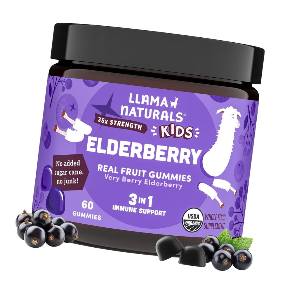 Llama Naturals Elderberry Gummies for Kids, Vegan, Organic Immune Support Supplement with Vitamin C and Zinc, Toddler Real Fruit Gummy Vitamins for Immunity, Chewable, No Added Sugar Cane, 60 Ct