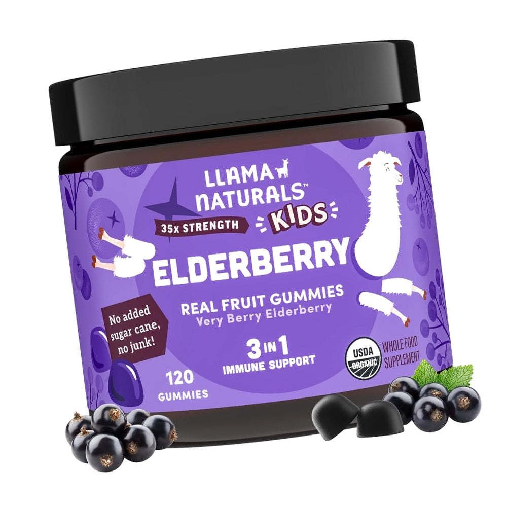 Llama Naturals Elderberry Gummies for Kids, Organic Bilberry, Vegan, Organic Immune Support with Vitamin C & Zinc, Toddler Real Fruit Gummy Vitamins for Immunity, Chewable, No Added Cane Sugar, 120 Ct