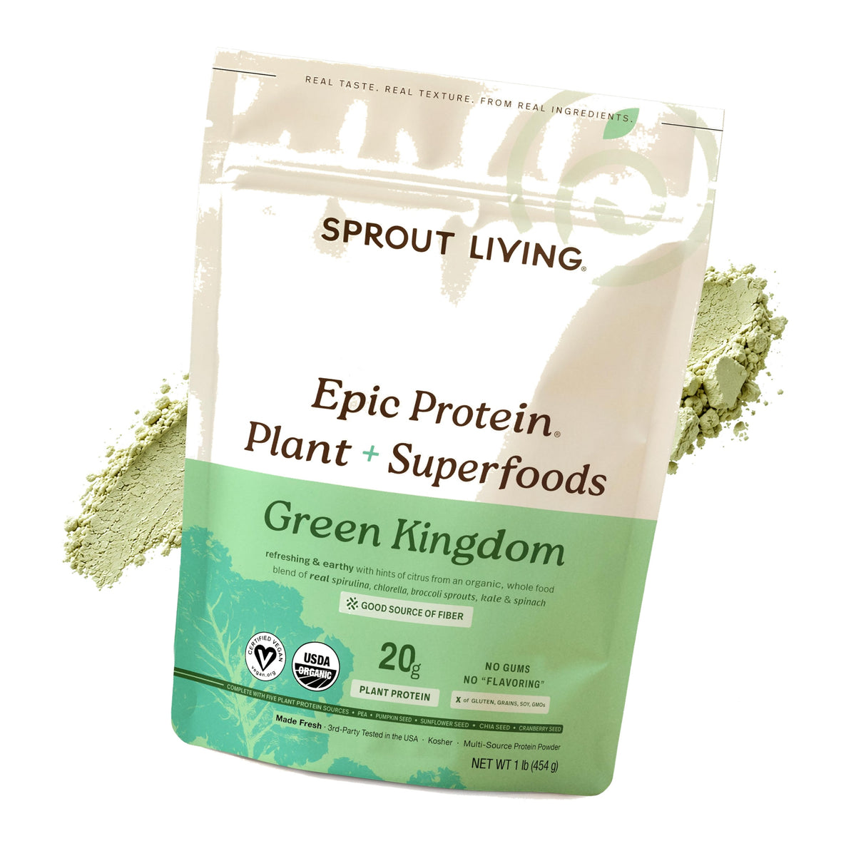 Sprout Living Epic Protein, Plant Based Protein & Superfoods Powder, Green Kingdom | 20 Grams Organic Protein Powder, Greens, Vegan, Non Dairy, Non-GMO, Gluten Free, Low Sugar (1 Pound, 12 Servings)