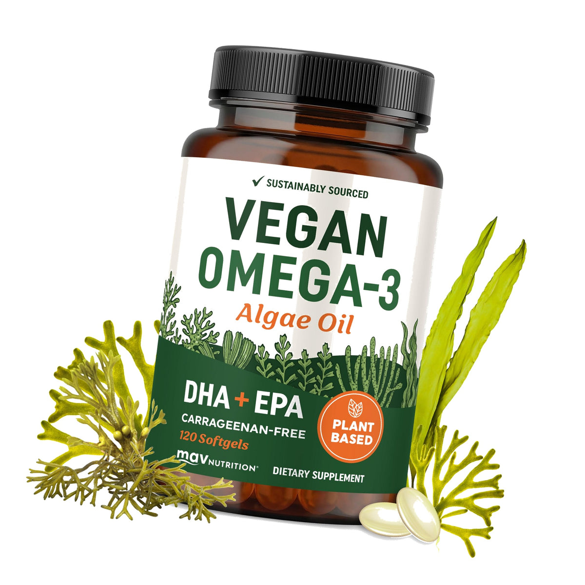 Vegan Omega 3 Algae Oil, Plant Based DHA EPA, Sustainably Sourced, Non-GMO