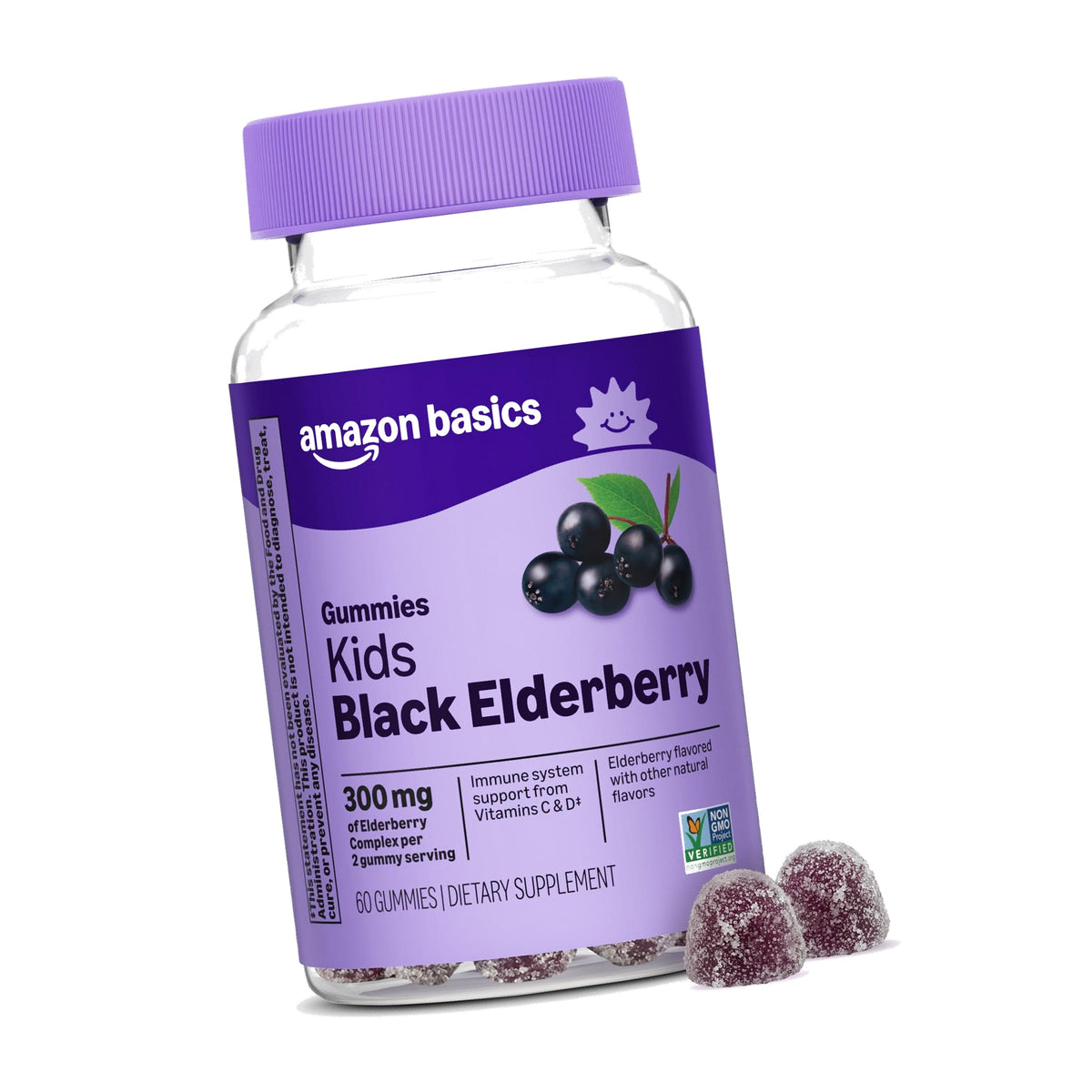Amazon Basics Vegetarian Kids Black Elderberry Gummies 300 mg with Vitamins C, D, E and Zinc, Immune System Support, 60 Count (1 to 2 Month Supply) (Previously Mama Bear)