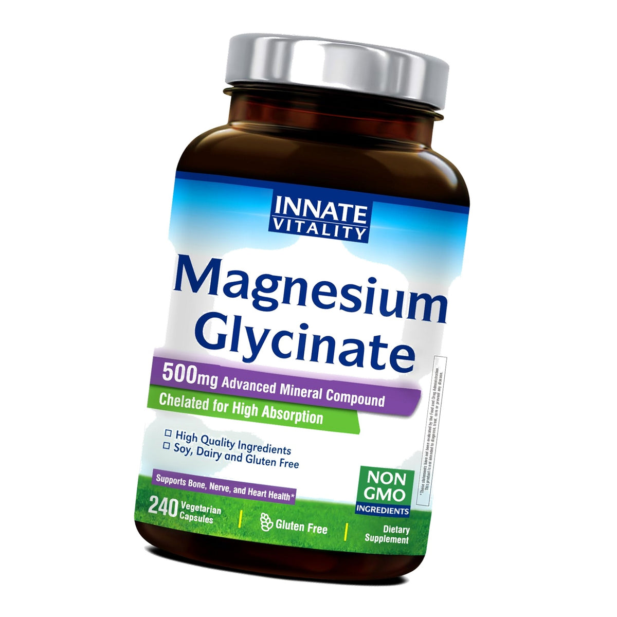 Innate Vitality Magnesium Glycinate 500mg | 70mg Elemental Magnesium Supplement - High Absorption, Non Buffered, Non-GMO & No Gluten - Vegan - Nerve Health - 240 Capsules (Pack of 1)
