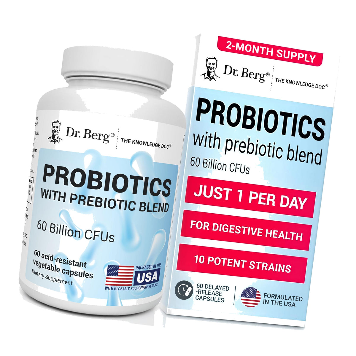 Dr. Berg Probiotic Supplement (60 Billion CFUs) - Helps Ease Occasional Constipation, Diarrhea, Gas & Bloating* - Pre and Probiotics for Digestive Health - 60 Probiotic Capsules