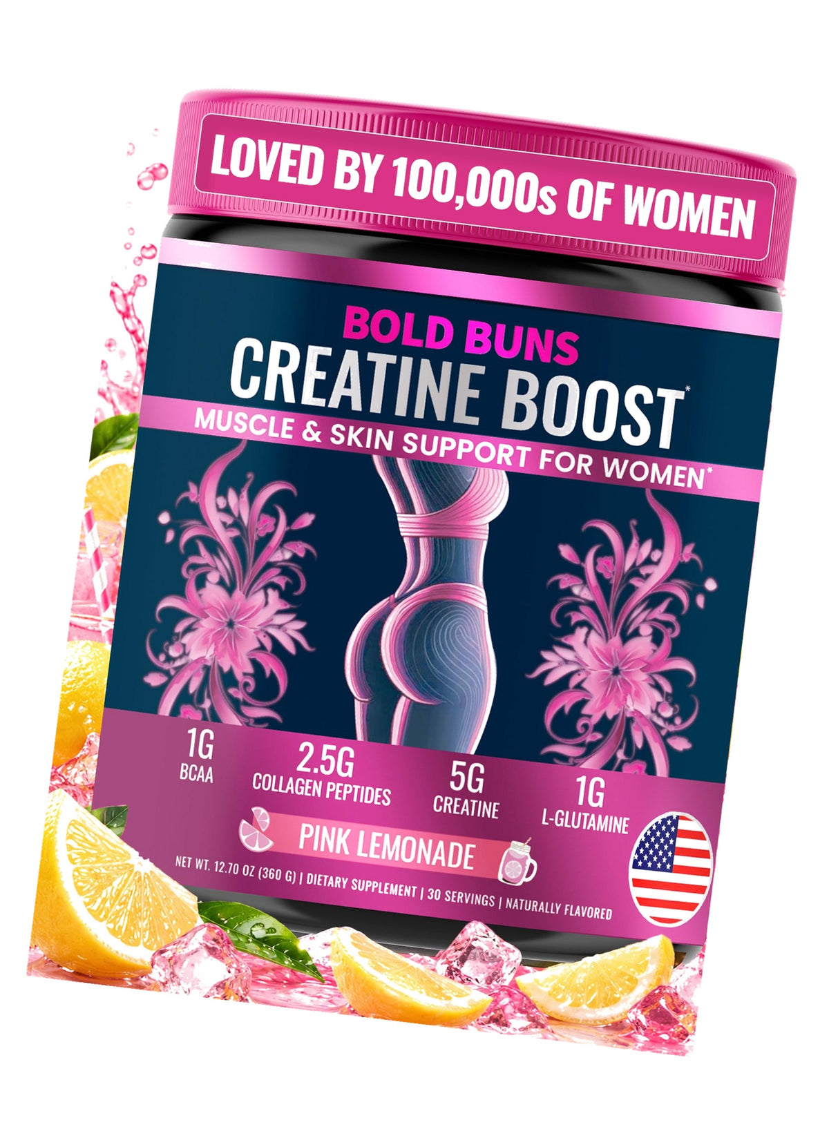 Bold Buns Creatine for Women – Supplement with Collagen & BCAA – Supports Muscle Development, Post-Workout Recovery, Skin Elasticity, Healthy Hair & Nail (30 Servings, Pink Lemonade)