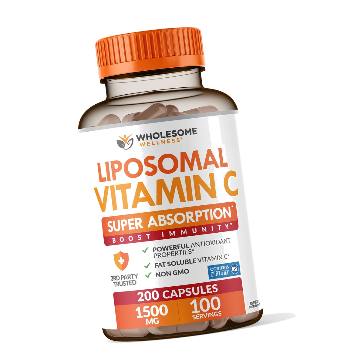 Wholesome Wellness Liposomal Vitamin C Capsules (200 Pills 1500mg Buffered) High Absorption, Immune System & Collagen Booster, High Dose Fat Soluble Immunity Support Ascorbic Acid, Natural Vegan