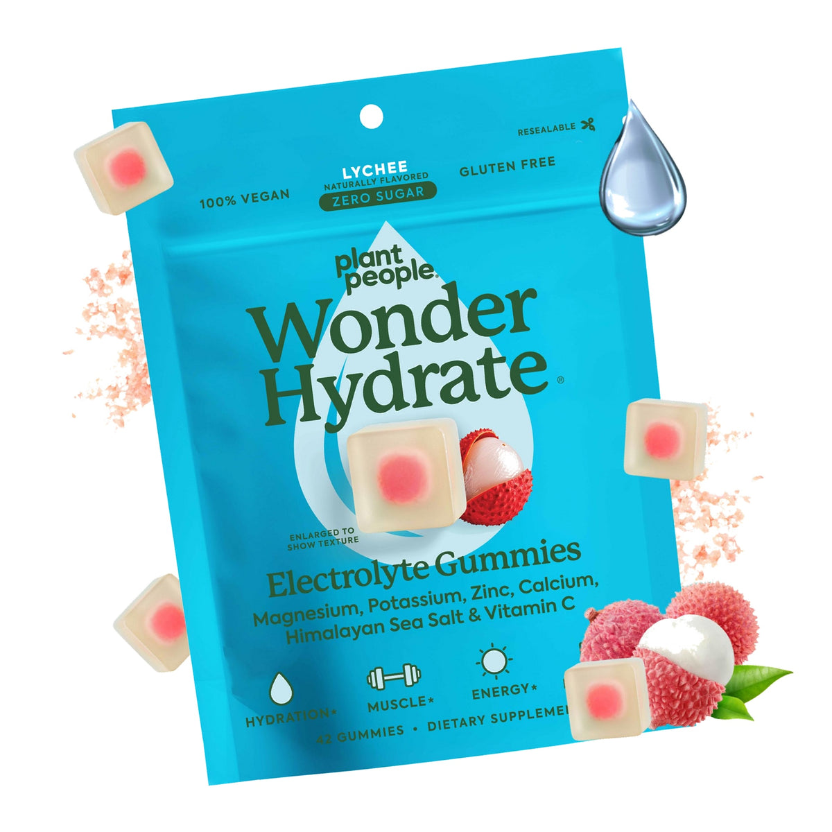Plant People WonderHydrate Sugar Free Electrolyte Gummies, Lychee (42 Ct)