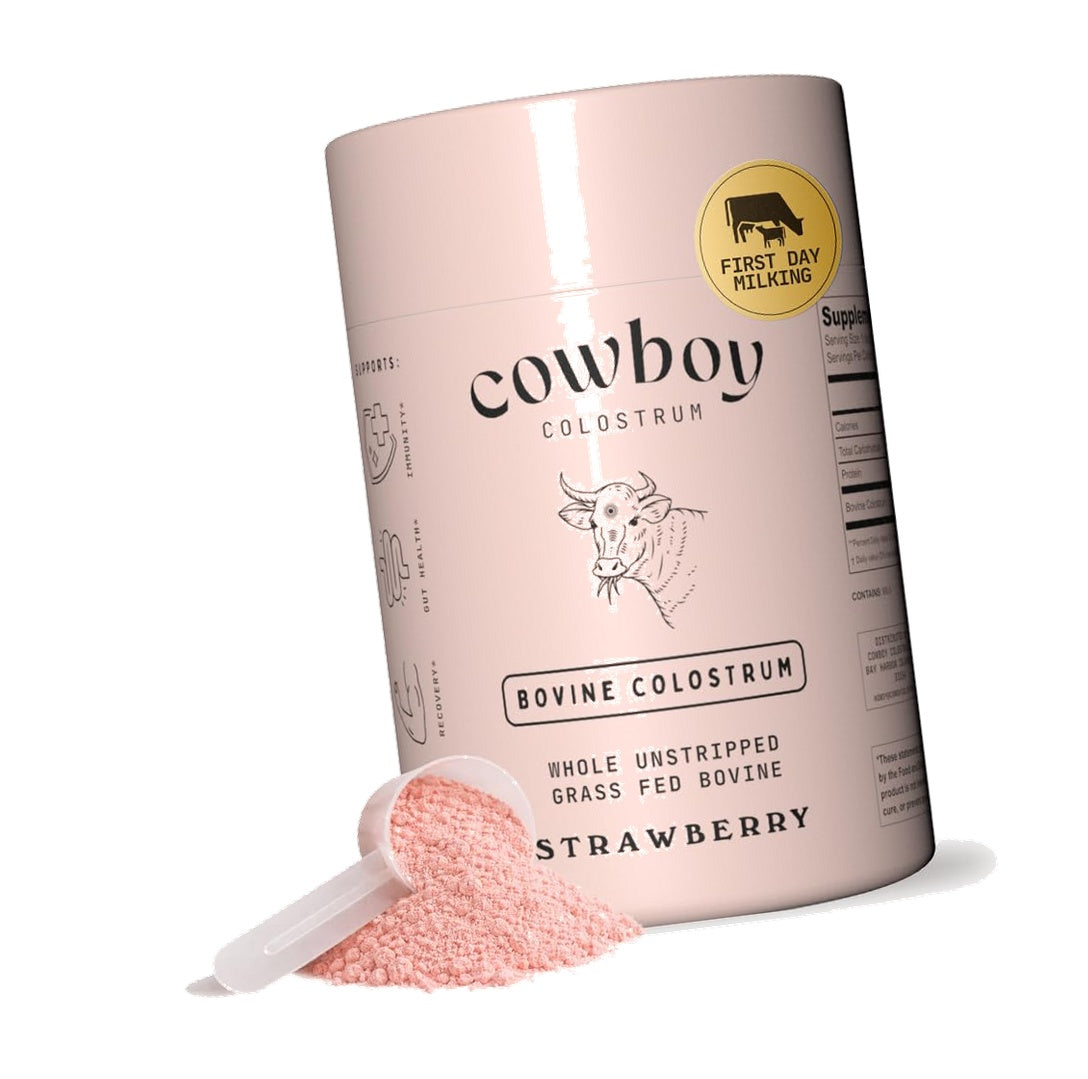 COWBOY - The Exclusive 1st Milking, Whole, Grass Fed Colostrum Supplement for Full Body Health - Bovine Colostrum Powder Packed w/Bioactive Nutrients - Sugar Free (Strawberry, 30 Servings)