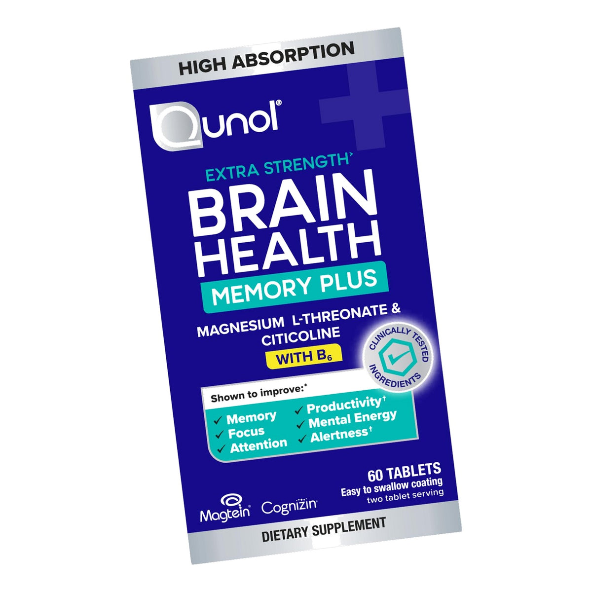Qunol Brain Health Memory Plus w/Magtein, Cognizin & Vitamin B6, 60ct