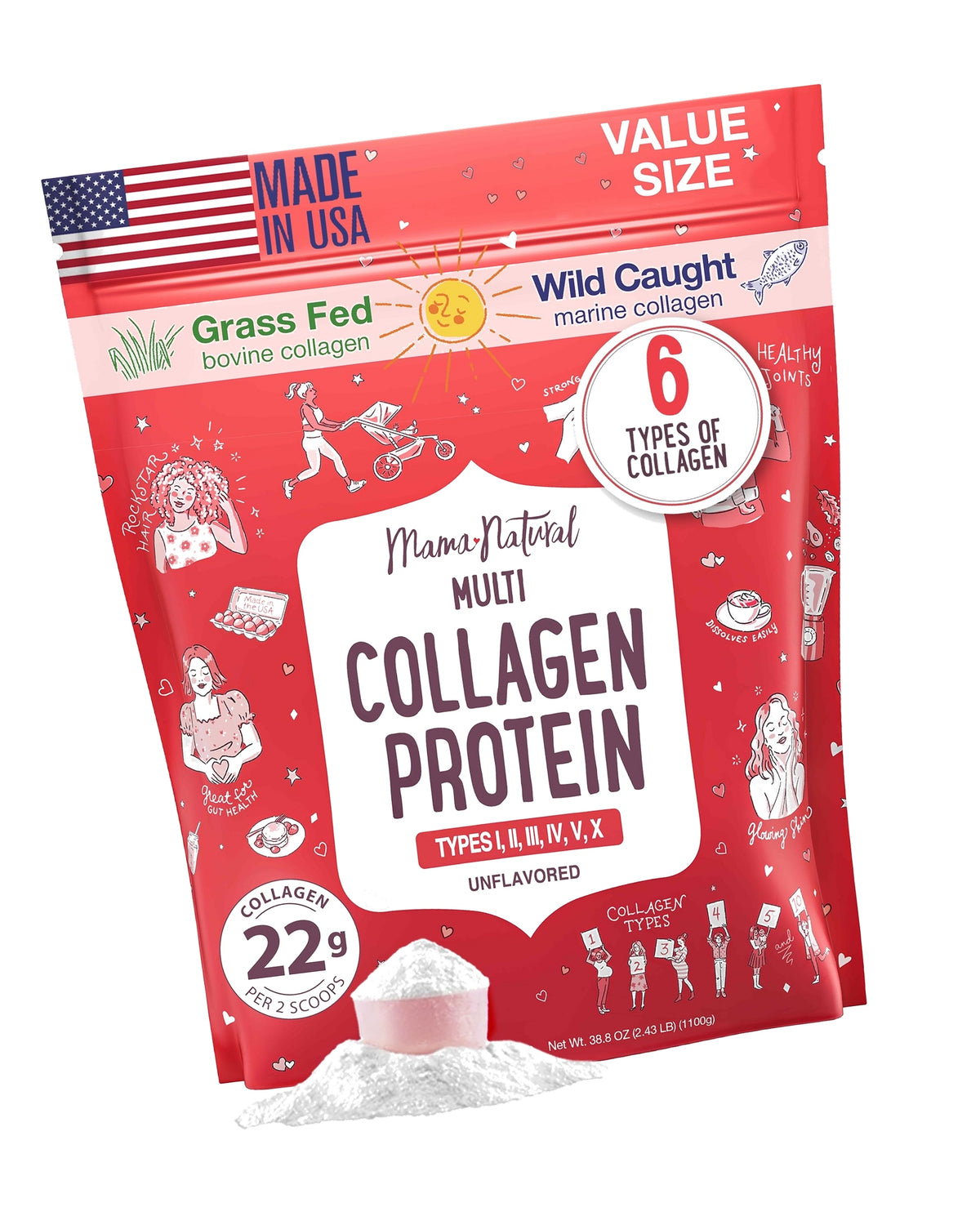 Multi Collagen Protein Powder Value Pack (100 Servings) - Unflavored & Hydrolyzed with 6 Types (1, 2, 3, 4, 5 & 10) - Pure Collagen Peptides for Women - Grass Fed Beef, Wild Fish & USA Eggshell