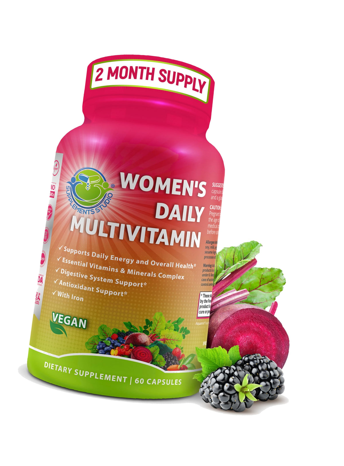 Vegan Methylated Multivitamin for Women - Biotin, Probiotics & Iron