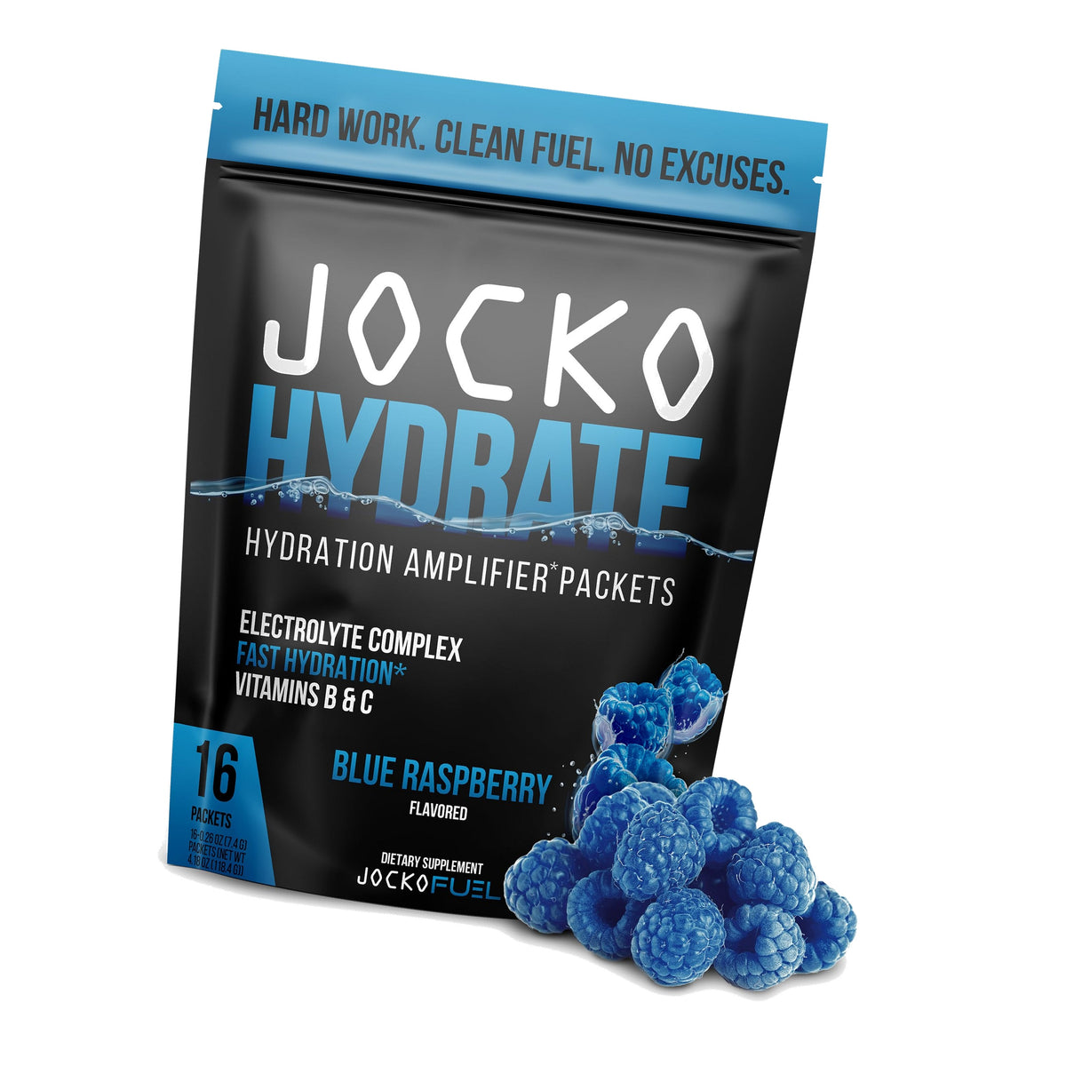 Jocko Fuel Hydrate Electrolyte Powder Packets, Blue Raspberry | 16 Packets