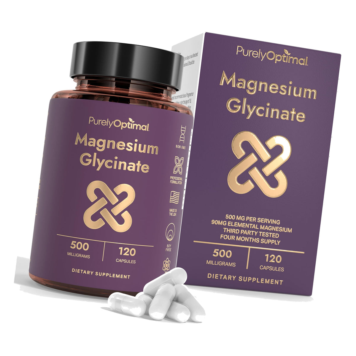 Purely Optimal Magnesium Glycinate 500mg for Sleep & Calm, 120ct
