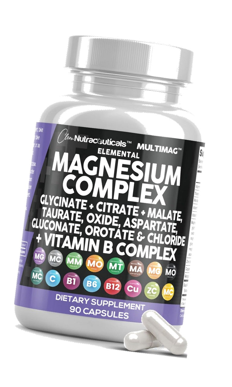 Clean Nutraceuticals Magnesium Complex with Magnesium Glycinate Citrate Malate Oxide Taurate Aspartate Orotate & Mag Chloride, Zinc Copper Manganese & Vitamin C B1 B2 B6 B12 Complex - 1Pack