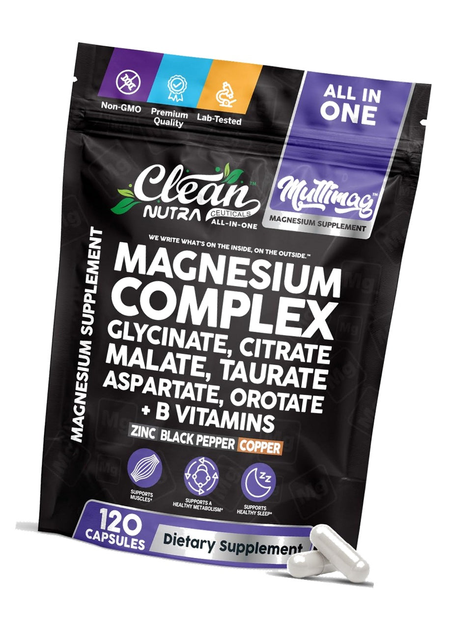 Clean Nutraceuticals Magnesium Complex with Magnesium Glycinate Citrate Malate Oxide Taurate Aspartate Orotate & Mag Chloride, Zinc Copper Manganese (120 Count (Pack of 1))