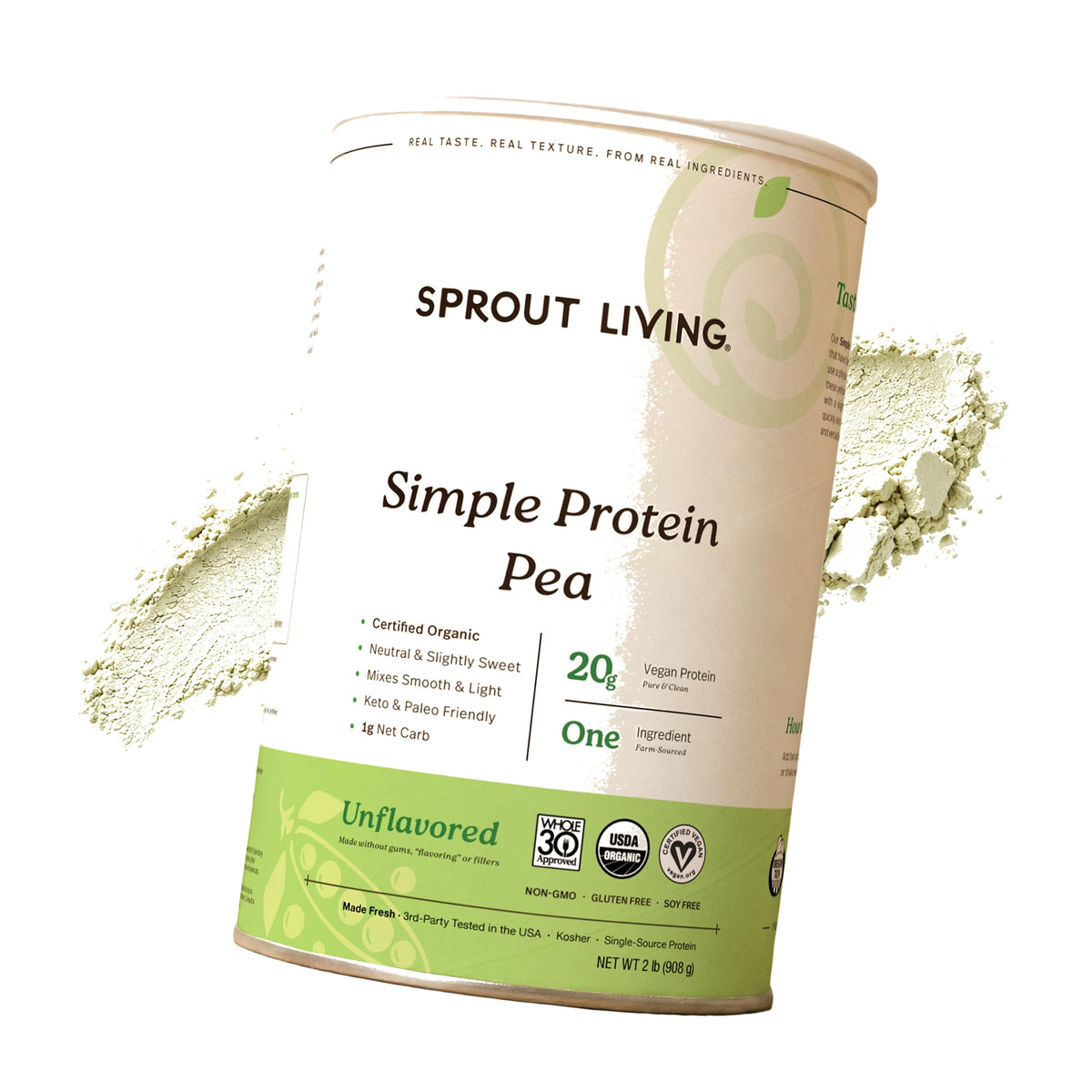 Sprout Living Organic Pea Protein Powder, Unflavored, 20 Grams of Plant Based Organic Protein Powder Without Artificial Sweeteners, Non Dairy, Non-GMO, Vegan, Gluten Free (2 Pound, 38 Servings)
