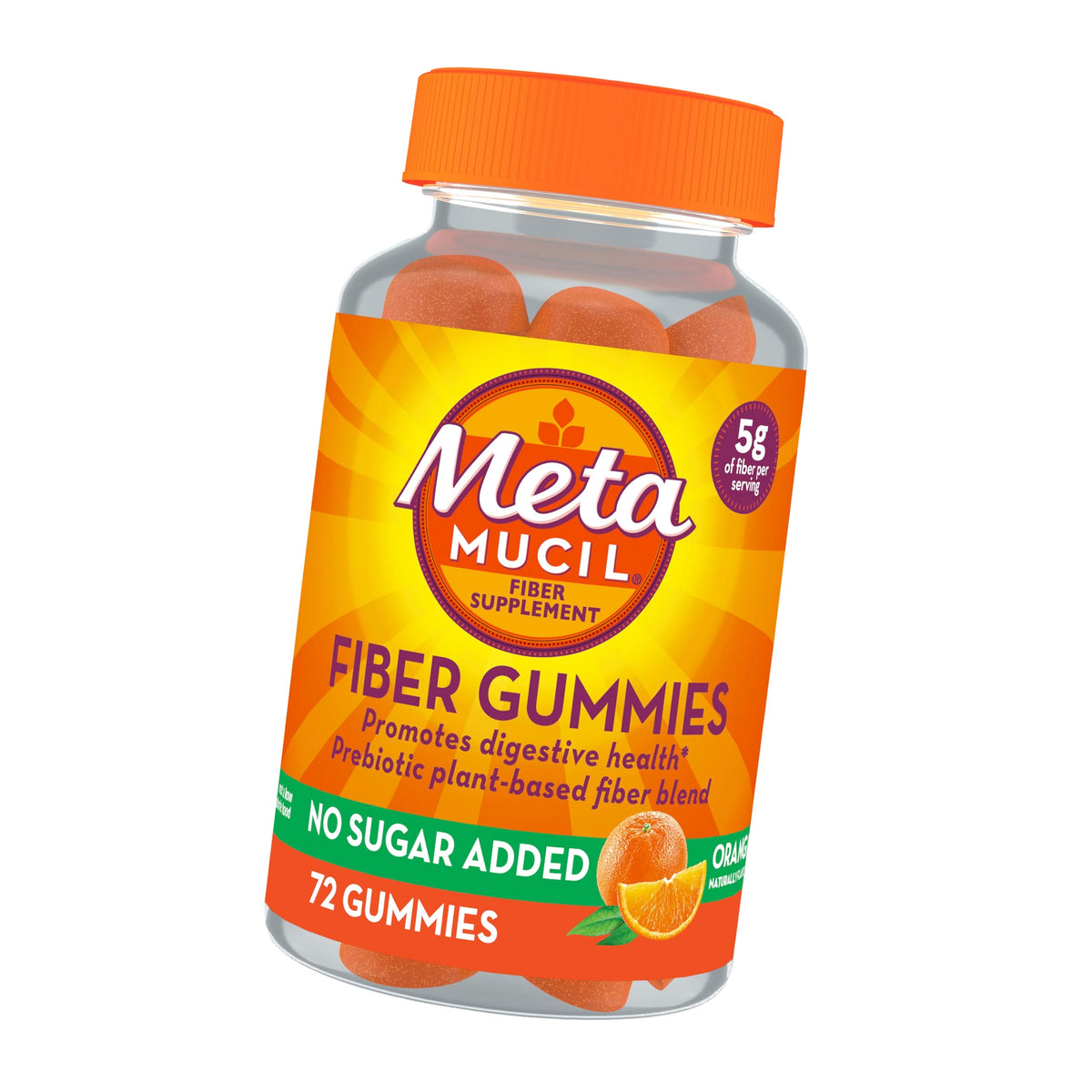 Metamucil Fiber Gummies for Adults, No Sugar Added Orange Flavor, 5g Plant Based Prebiotic Fiber Supplement Blend, 72 Count