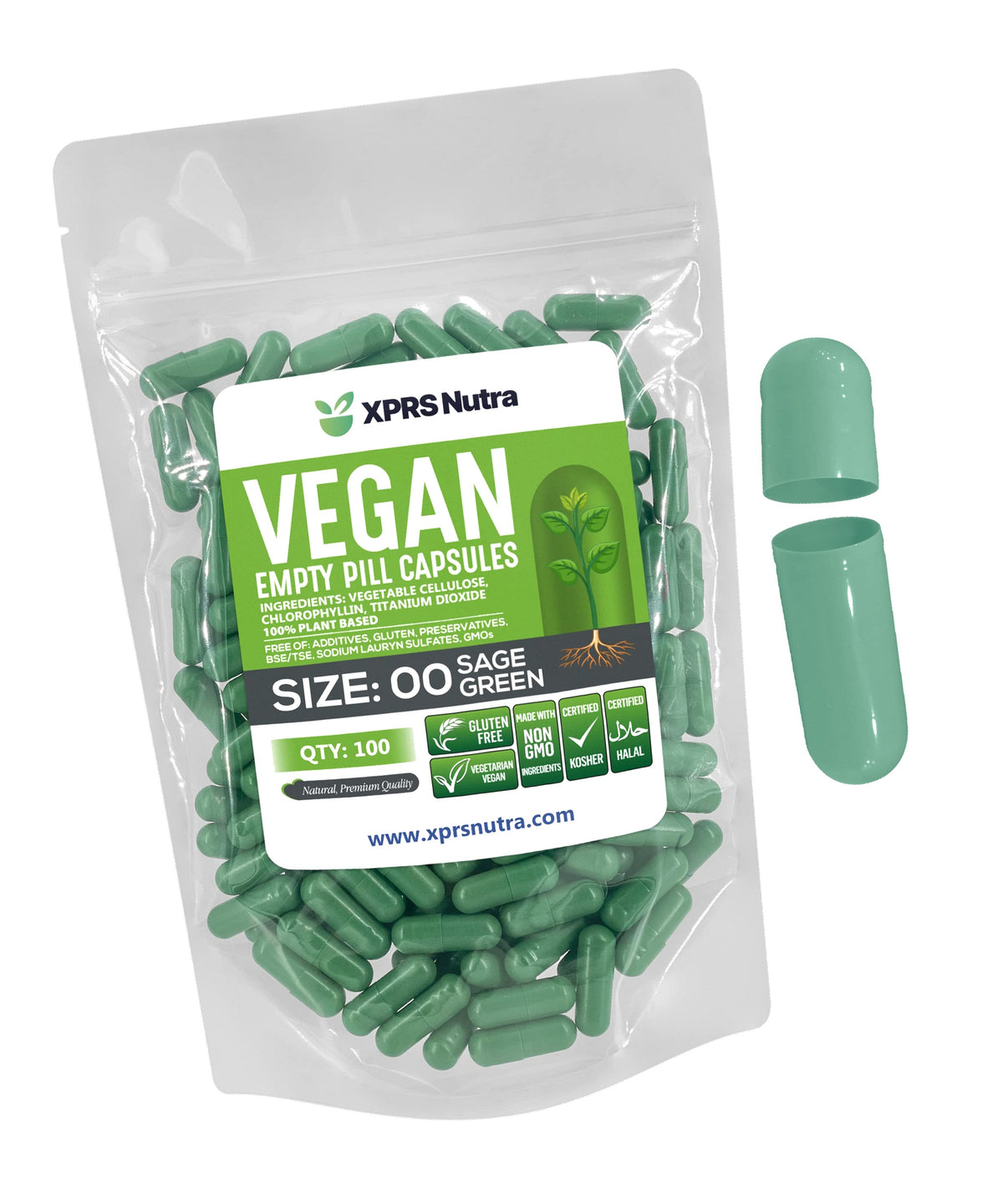 XPRS Nutra Size 00 Empty Capsules - 100 Count Empty Vegan Capsules - Vegetarian Empty Pills - DIY Vegetable Capsule Filling- Veggie Pill Caps (Sage Green)