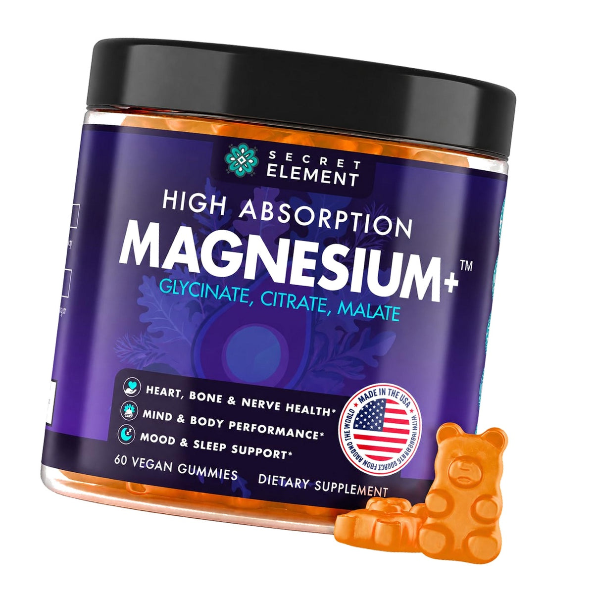 Secret Element Magnesium Glycinate Gummies, Malate, Citrate, Orange, 60 Ct