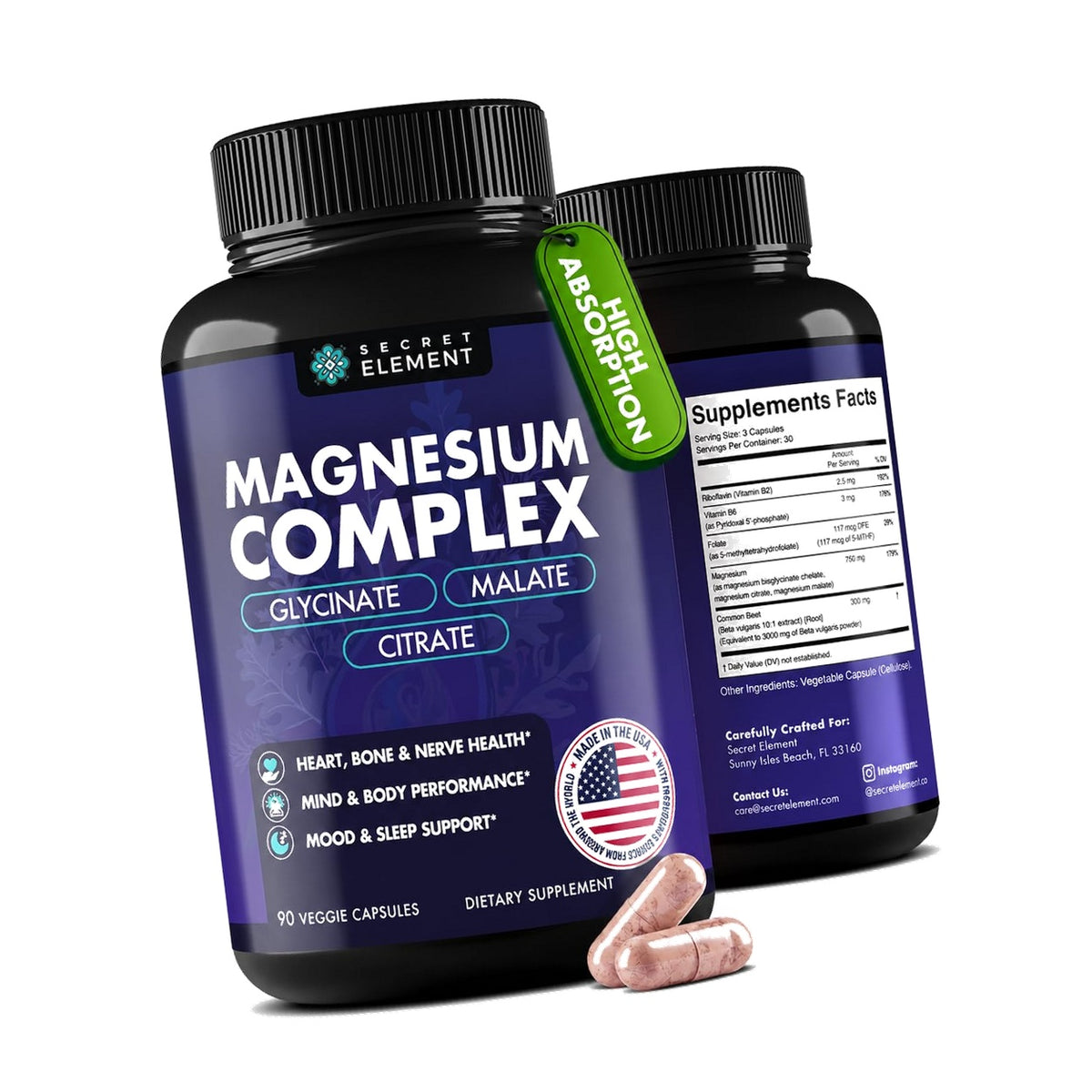 Secret Element Magnesium Complex 750 mg with B2, B6 & Folate, 90 Capsules
