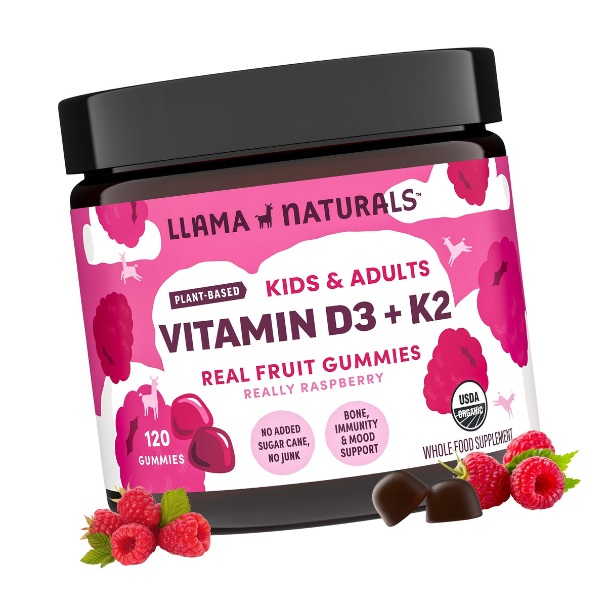 Llama Naturals Vitamin D3 K2 Gummies for Adults and Kids, Vegan, Organic, Vitamin D Gummies, Real Fruit Gummy Vitamins, No Added Sugar Cane, Raspberry, 120 Ct