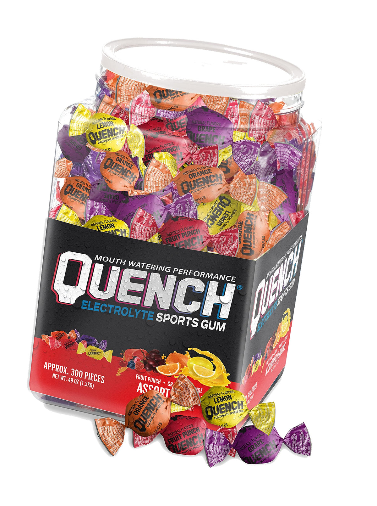 Quench Gum Variety Tub, Electrolytes Chewing Gum for Athletes and Sports Trainers, Assorted Fruit Flavors, 300 Pieces