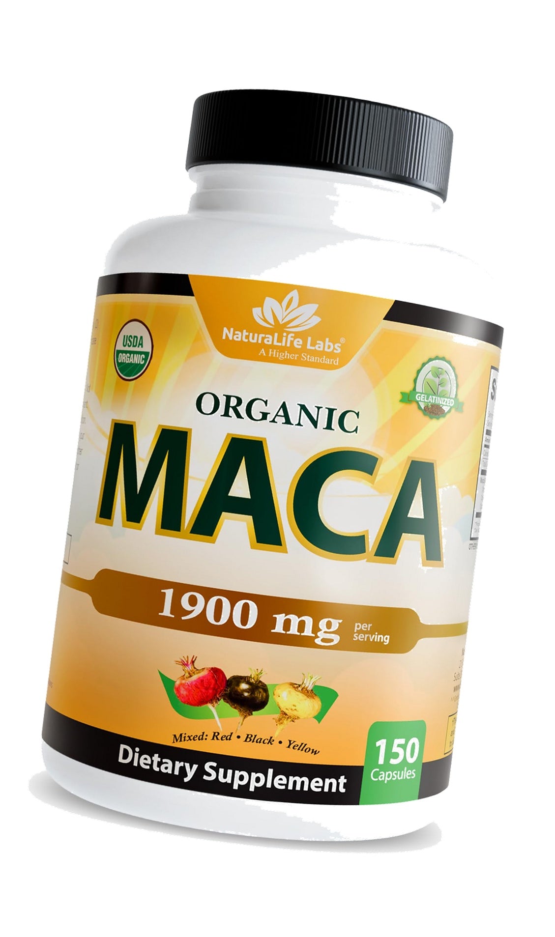 NaturaLife Labs Organic Maca Root – Black, Red & Yellow – 1900 mg per Serving – 150 Capsules – Gelatinized Peruvian Maca – Non-GMO, Gluten-Free, Vegan