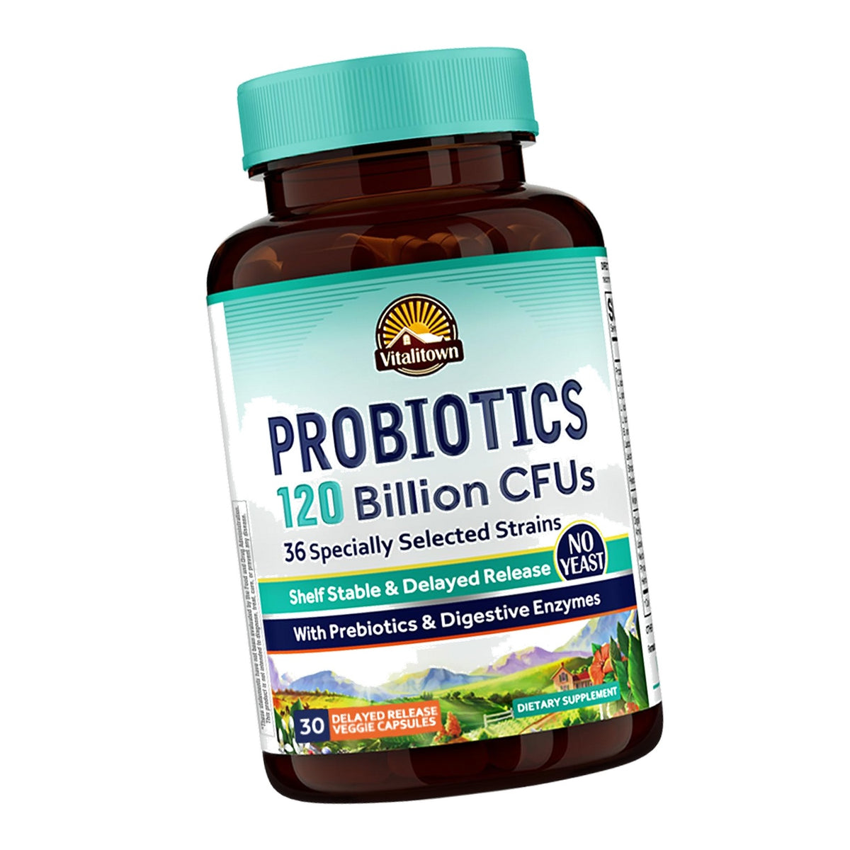 VITALITOWN Probiotics 120 Billion CFUs | 36 Strains, with Prebiotics & Digestive Enzymes for Men Women | Shelf Stable | Digestive Health & Immune Support | Vegan, Non-GMO | 30 Delayed Release Veg Caps