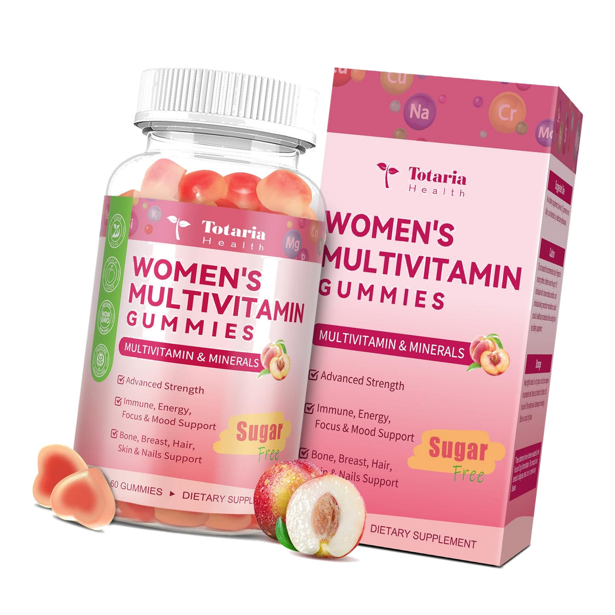Totaria Sugar Free Multivitamin Gummies for Women 14+ w/Iron, Inositol, Folate, Biotin, Womens Daily Multivitamin Gummy w/Vitamin A, C, B, D3, K2, for Hair, Skin, Energy, Immune, Peach Flavor