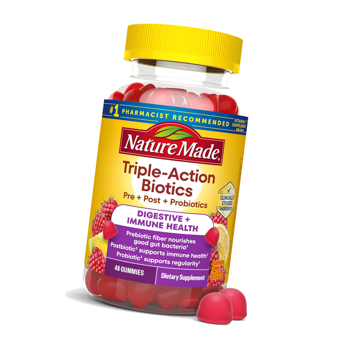 Nature Made Triple-Action Biotics, Prebiotic Fiber Gummies, 48 Gummies