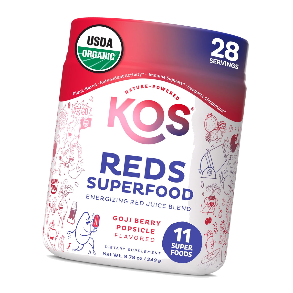KOS Reds Superfood Powder for Antioxidants - USDA Certified Organic Beet Root, Goji Berries, Acai, Pomegranate, Coconut Water & Digestion Enzymes- Goji Berry Popsicle Flavor Juice Mix - 28 Servings