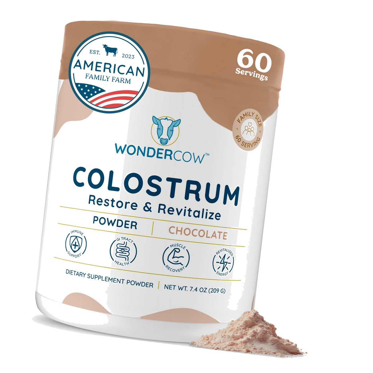 WONDERCOW Colostrum Supplement Powder for Gut Health, Immune Support & Wellness | Natural IgG Pure Whole Bovine Colostrum Superfood, Chocolate, 60 Servings