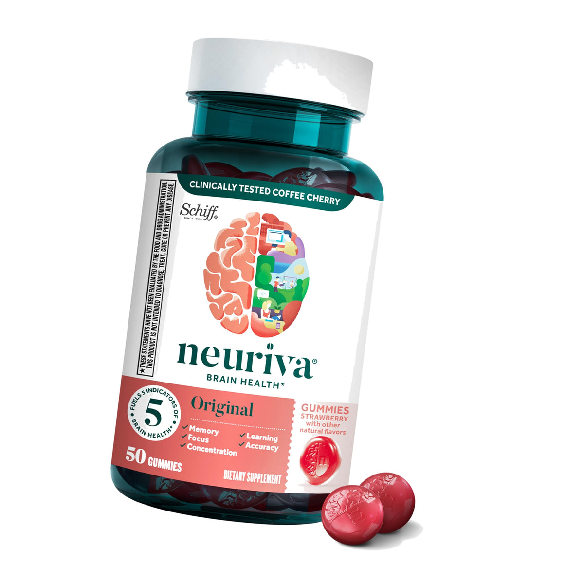NEURIVA Original Brain Supplements - 50 Count Strawberry Gummies