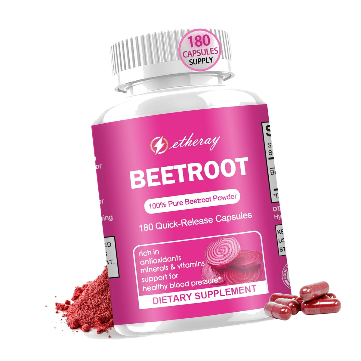 Beet Root Capsules | 180 Capsules - 1300mg per Serving | Pure Beetroot Powder - 90 Days Supply | Natural & Vegan Supplement