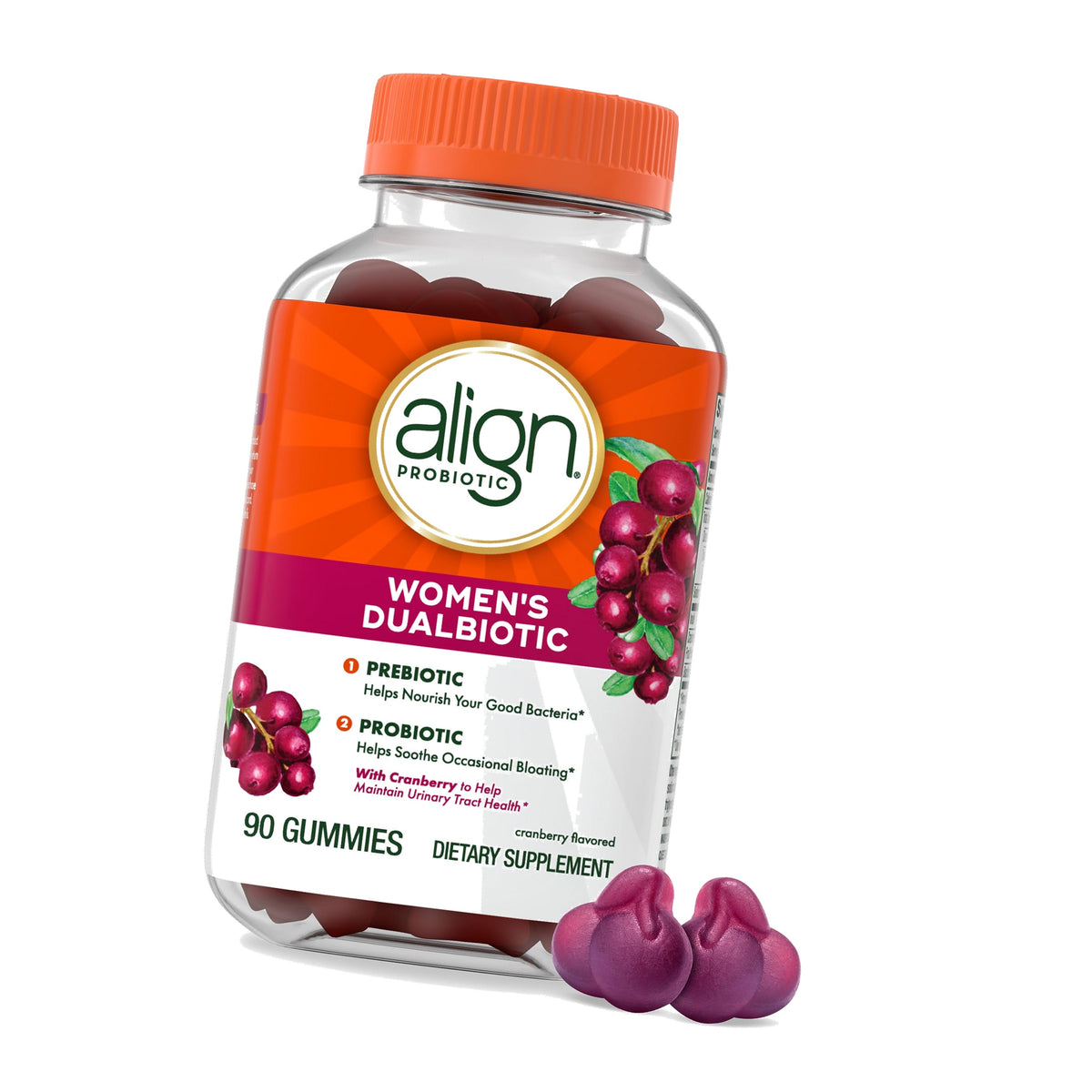 Align Probiotic, Women's Dualbiotic, Womens Probiotic Gummies, Prebiotics and Probiotics for Women, with Cranberry for Urinary Tract Health*, Cranberry Flavor, 90 Gummies