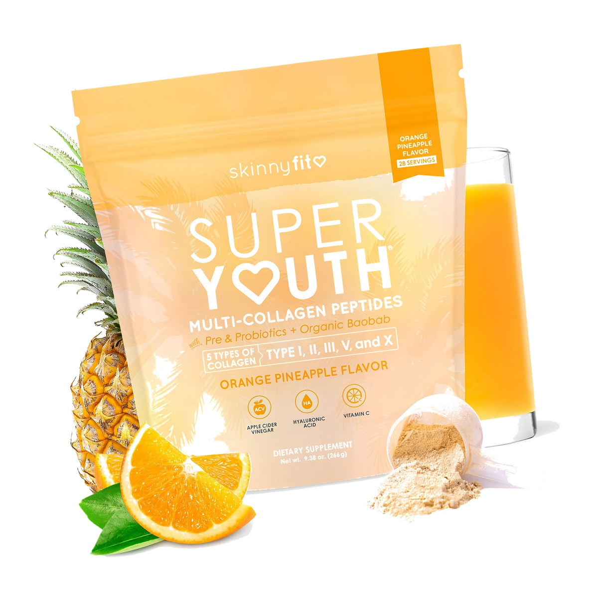 SkinnyFit - Super Youth Collagen for Women - Multi Collagen Peptides Powder - Probiotics, Fiber, Hyaluronic Acid - Non GMO, Gluten Free, Sugar Free - Beauty - Orange Pineapple (28 Servings)
