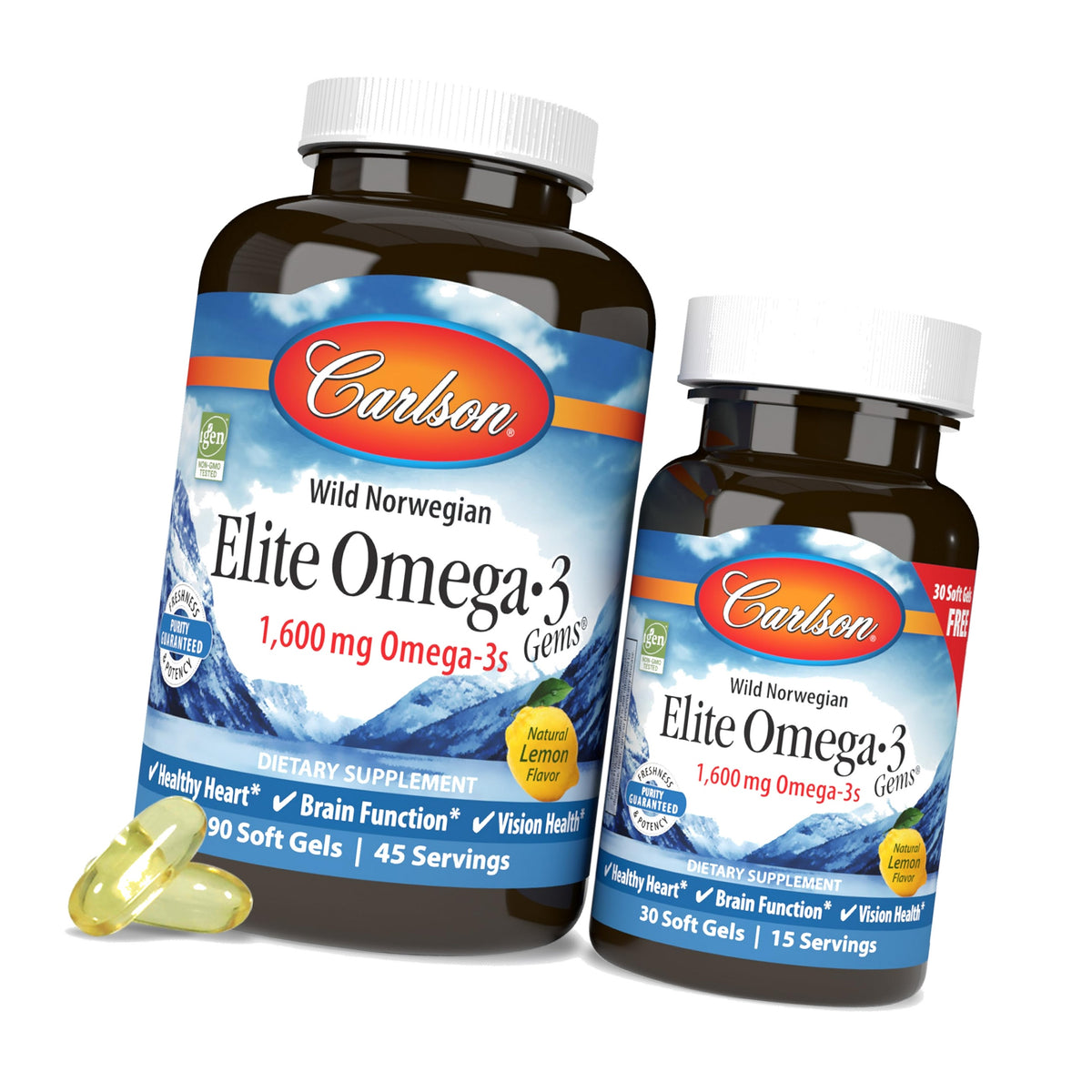 Carlson - Elite Omega-3 Gems,1600 mg Omega-3 Fatty Acids Including EPA and DHA,Norwegian, Wild-Caught fish oil Supplement,Sustainably Sourced Capsules, Lemon, 90+30 Softgels