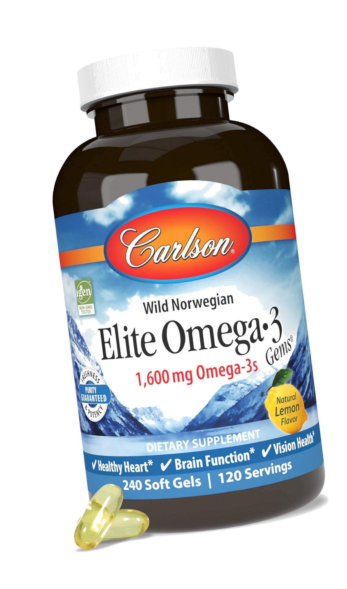 Carlson Laboratories Laboratories Elite Omega 3 Gems, 1250mg, Lemon Flavored, 240 Softgels
