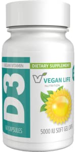 Vegan Life Nutrition Vitamin D3 Daily Capsules (5000 IU) Gluten-Free, Non-GMO, Supports Bone Health and Immune System, 60 Capsules