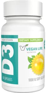 Vegan Life Nutrition Vitamin D3 Daily Capsules for Adults (1000 IU) 60 Capsules