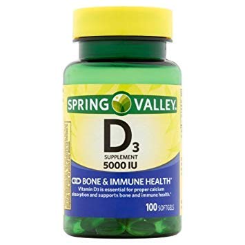 Spring Valley Vitamin D-3 Maximum Strength Softgels 5000 IU Dietary Supplement, 100 Softgels
