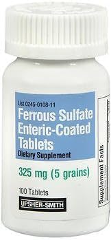 Usher-Smith Ferrous Sulfate 325mg Enteric-Coated Tablets, 100 Count