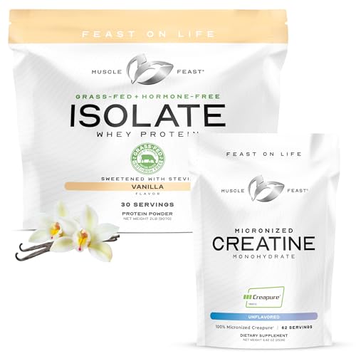 Muscle Feast Whey Protein Isolate Powder (Vanilla, 2 lb) + Creatine Monohydrate Micronized Powder (Unflavored, 250 g) – 1 Unit Each