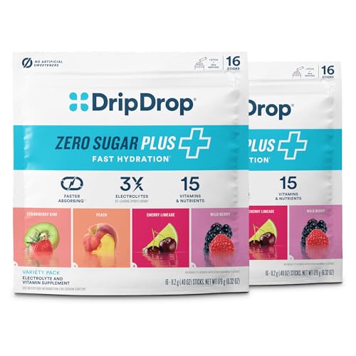 DripDrop Hydration Zero Sugar Plus Electrolyte Packets Powder, 16 Count (Pack of 2)