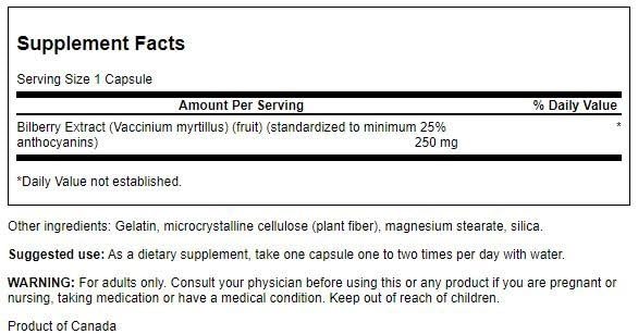 Swanson Maximum Strength Bilberry 250 mg Capsules, 60 Count