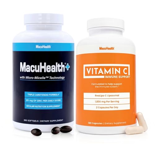 Macuhealth Plus+ Eye Vitamins with Lutein, Zeaxanthin & Meso-Zeaxanthin with Liposomal Vitamin C 1000mg, Fat-Soluble Antioxidants for Eye, Brain & Overall Health, 180 Softgels