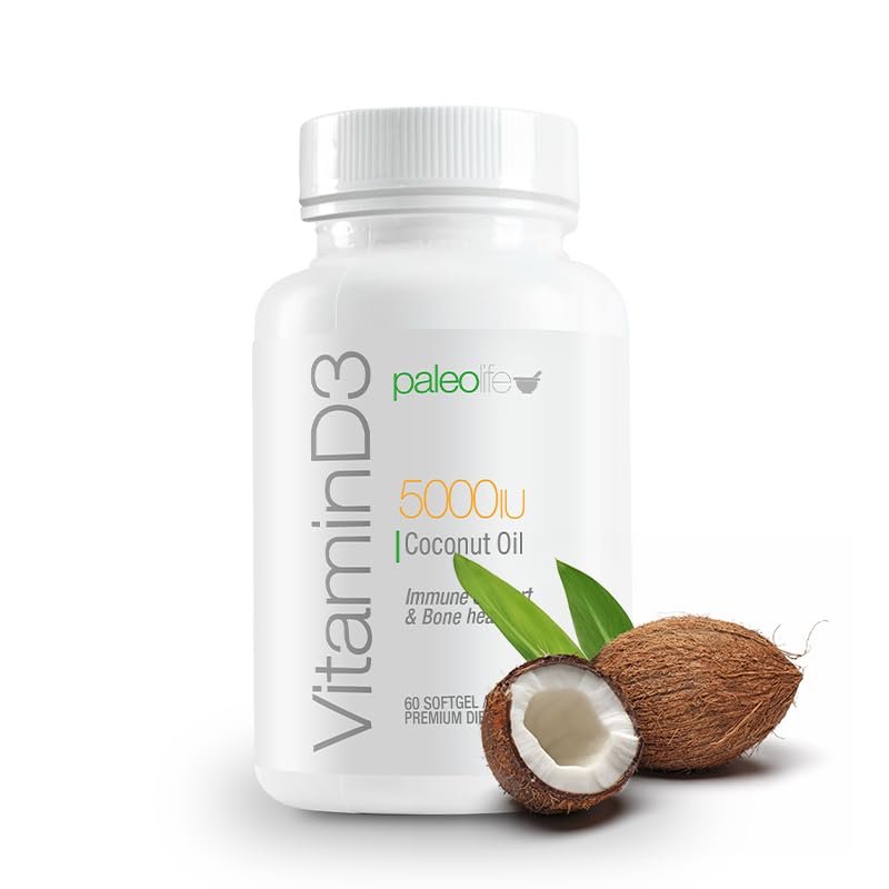 Paleolf Vitamin D3 5000 IU Premium High Potency with Coconut Oil Softgels, 120 Count