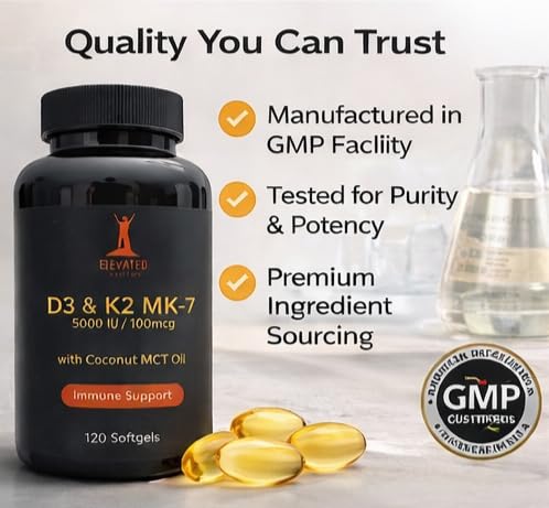 Elevated Nutrition Vitamin D3+K2 MK-7 with Coconut MCT Oil Softgels, 120 Count (5000IU D3 + 100mcg K2 MK-7)